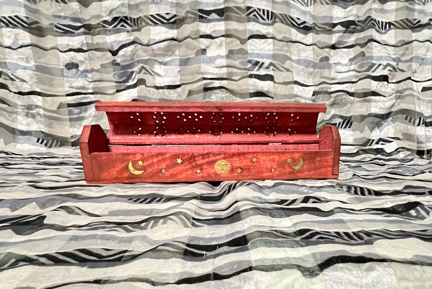 Incense Wooden Coffin Box - Blue or Red Sun, Moon, Stars