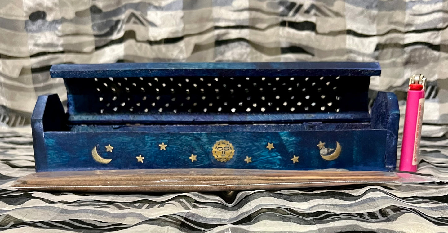 Incense Wooden Coffin Box - Blue or Red Sun, Moon, Stars