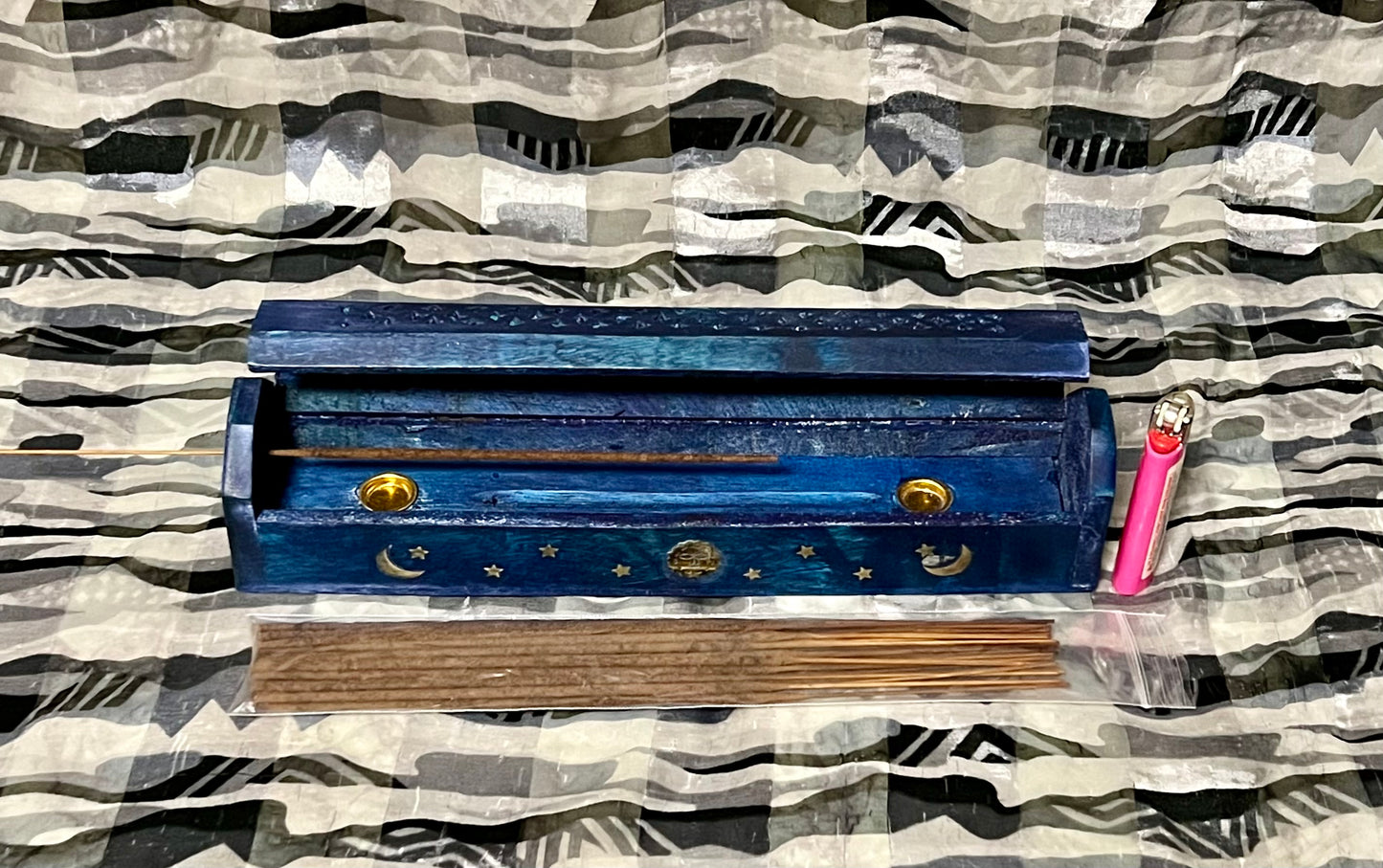 Incense Wooden Coffin Box - Blue or Red Sun, Moon, Stars